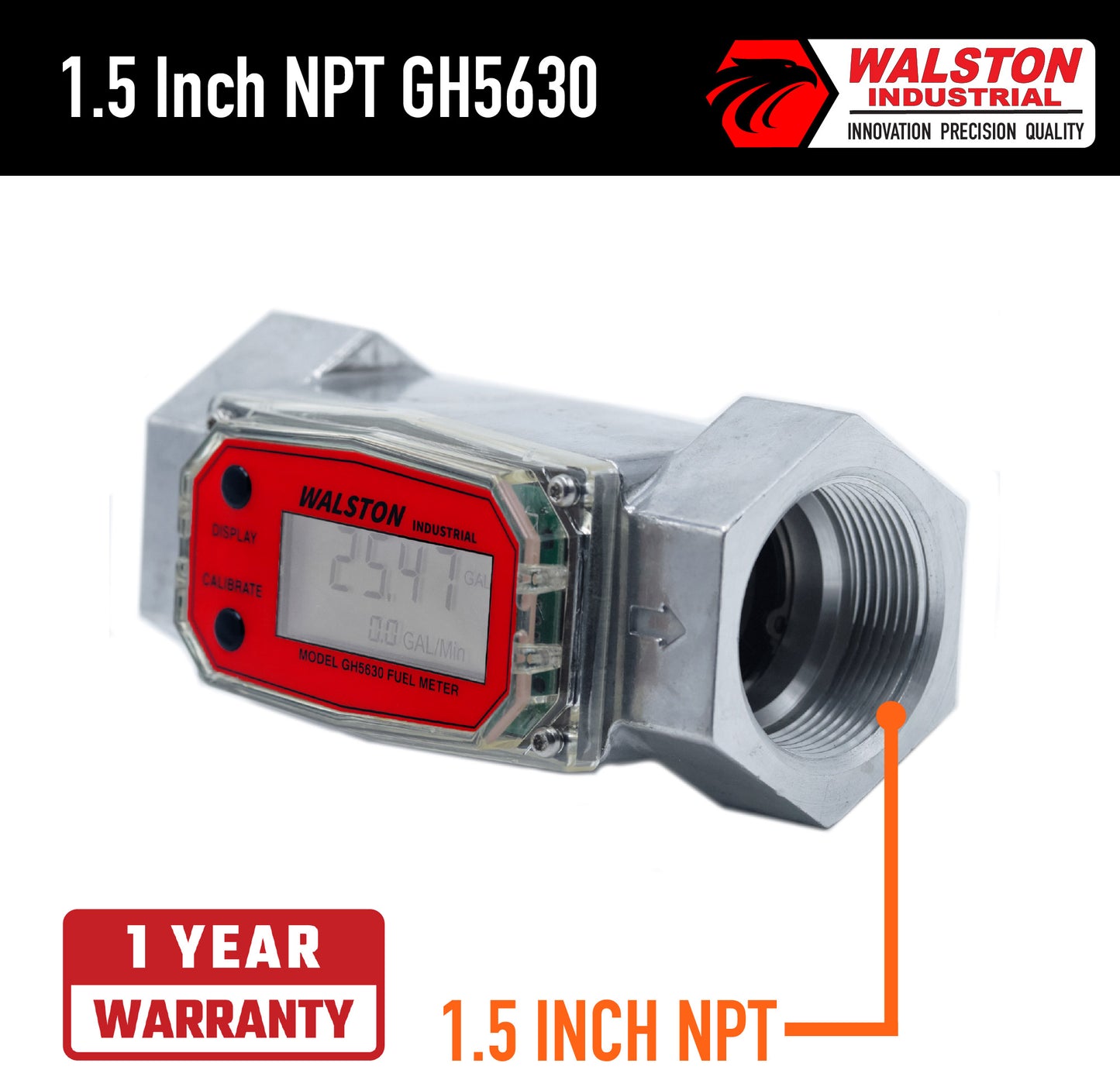 GH-5630 Digital Fuel Meter 1-1/2 Inch, Fuel Meter for Diesel, 10-75 GPM, Diesel, Gasoline, Kerosine, Lubricants, 1.5” NPT
