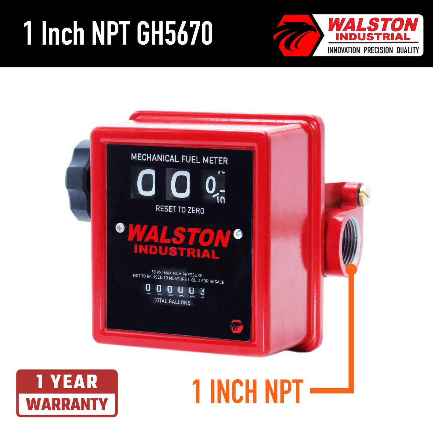 GH-5670 Mechanical Fuel Meter 1-Inch NPT Threads Fuel Counter for Diesel, Gasoline, Kerosine