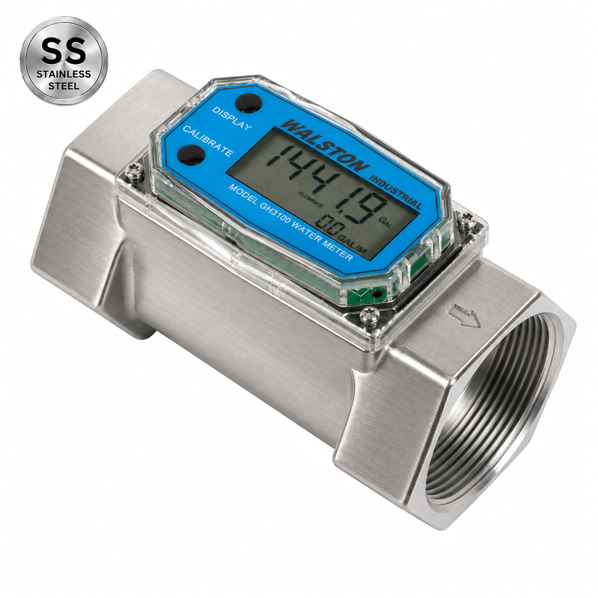 Stainless Steel GH3100 Digital Water Flow Meter, 2 Inch NPT Threads, Inline Flowmeter for Water Measurement Stainless Steel