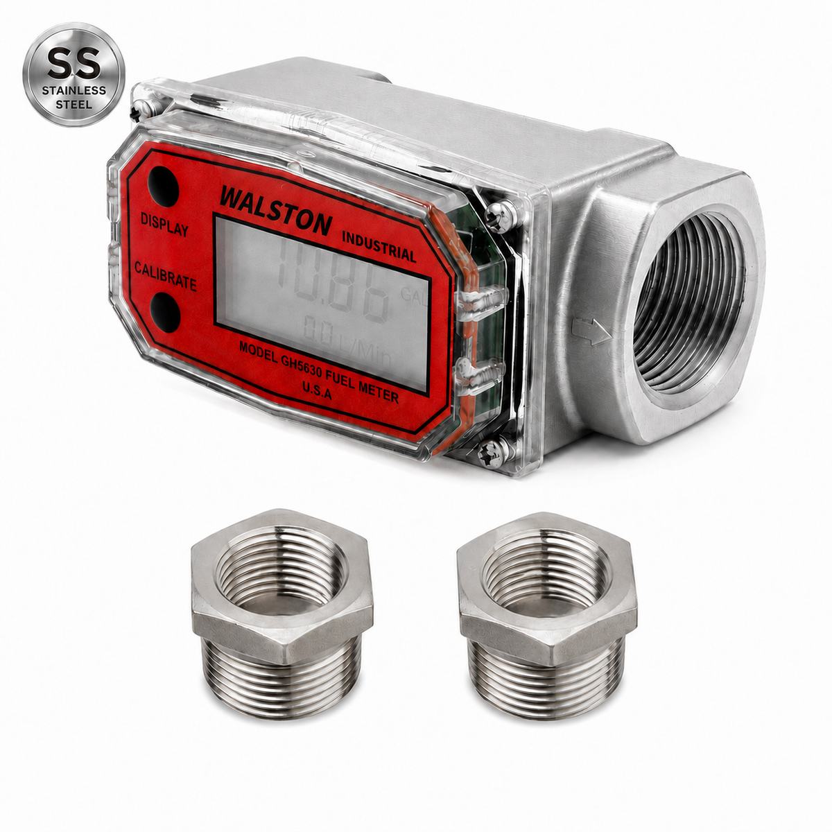 Stainless Steel GH-5630 Digital Fuel Meter 1 Inch, Fuel Meter for Diesel, Gasoline, Kerosine, Lubricants, with 3/4 Inch NPT Bushings