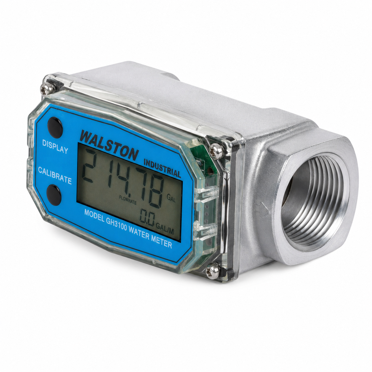 Stainless Steel GH3100 1 Inch Digital Water Meter, Stainless Steel Meter Female NPT With Stainless Steel 3/4 NPT Bushings