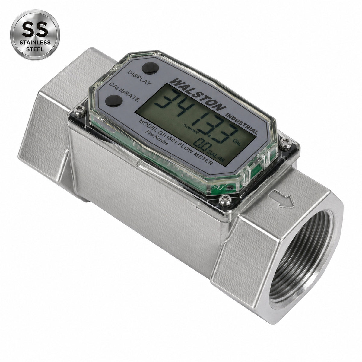 Stainless Steel GH1601 Digital Flow Meter, 1.5 Inch NPT Threads, Inline Flowmeter for Fluid Measurement, Stainless Steel