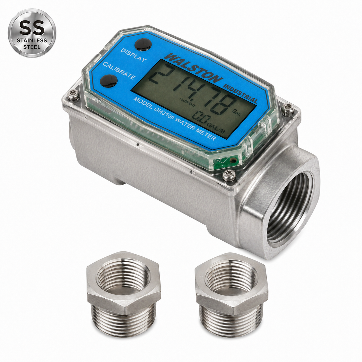 Stainless Steel GH3100 1 Inch Digital Water Meter, Stainless Steel Meter Female NPT With Stainless Steel 3/4 NPT Bushings