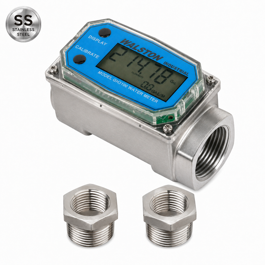 Stainless Steel GH3100 1 Inch Digital Water Meter, Stainless Steel Meter Female NPT With Stainless Steel 3/4 NPT Bushings