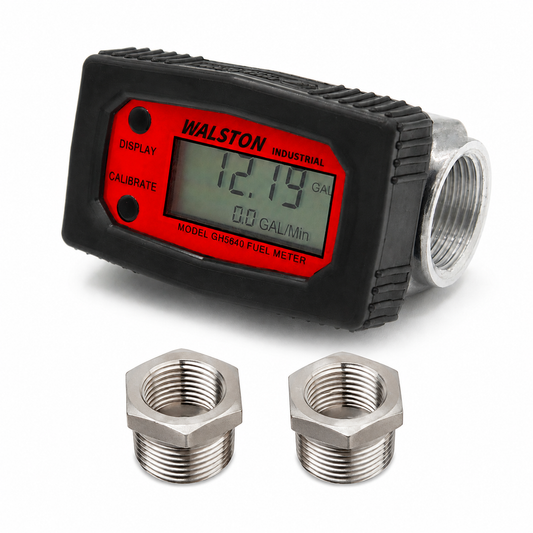 Stainless Steel Elite Series Digital Fuel Meter 1 Inch, Heavy Duty Fuel Meter for Diesel, Gasoline, Kerosine, Lubricants with Stainless Steel 3/4 NPT Bushings