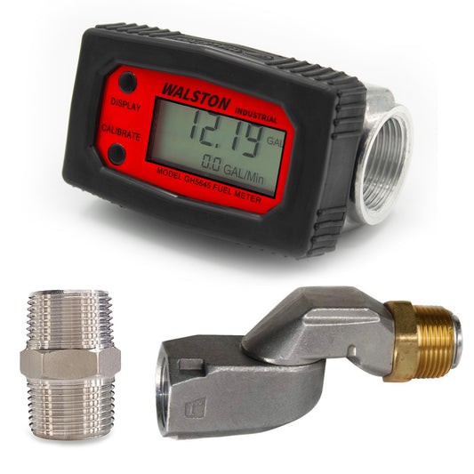 1 Inch Digital Fuel Meter, GH-5645 Heavy Duty Fuel Meter for Diesel, Gasoline, Kerosine, Lubricants, with 1 Inch Swivel and Stainless Steel Nipple for installation