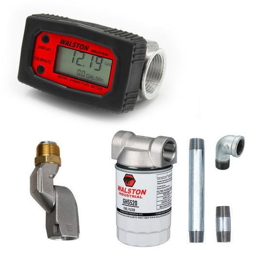 1 Inch Digital Fuel Meter, GH-5645 Heavy Duty Fuel Meter for Diesel, Gasoline, Kerosine, Lubricants, with 1 Inch Fuel Filter Kit, Hose Swivel and Galvanized Pipe Fittings for Installation