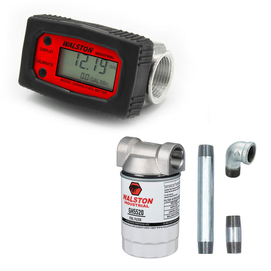 1 Inch Digital Fuel Meter, GH-5645 Heavy Duty Fuel Meter for Diesel, Gasoline, Kerosine, Lubricants, with 1 Inch Fuel Filter Kit, and Galvanized Pipe Fittings for installation