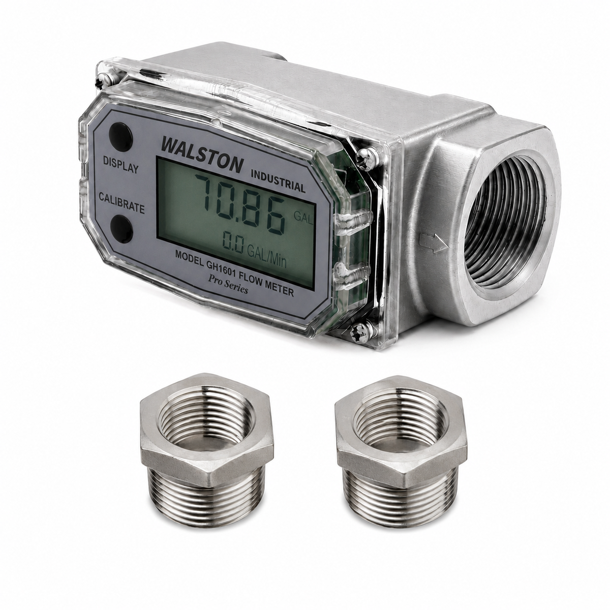 Stainless Steel GH1601 Digital Flow Meter, 1 Inch NPT Threads, Inline Flowmeter for Fluid Measurement with Stainless Steel 3/4 Inch NPT Bushings