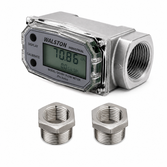 Stainless Steel GH1601 Digital Flow Meter, 1 Inch NPT Threads, Inline Flowmeter for Fluid Measurement with Stainless Steel 3/4 Inch NPT Bushings