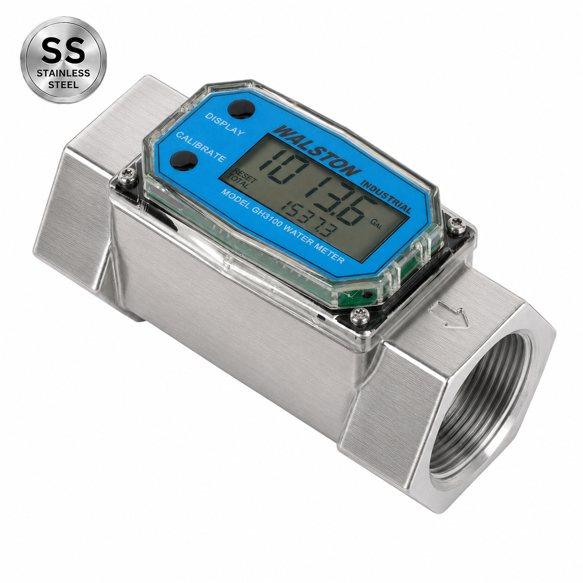 Stainless Steel GH3100 Digital Water Flow Meter, 1.5 Inch NPT Threads, Inline Flowmeter for Water Measurement, Stainless Steel