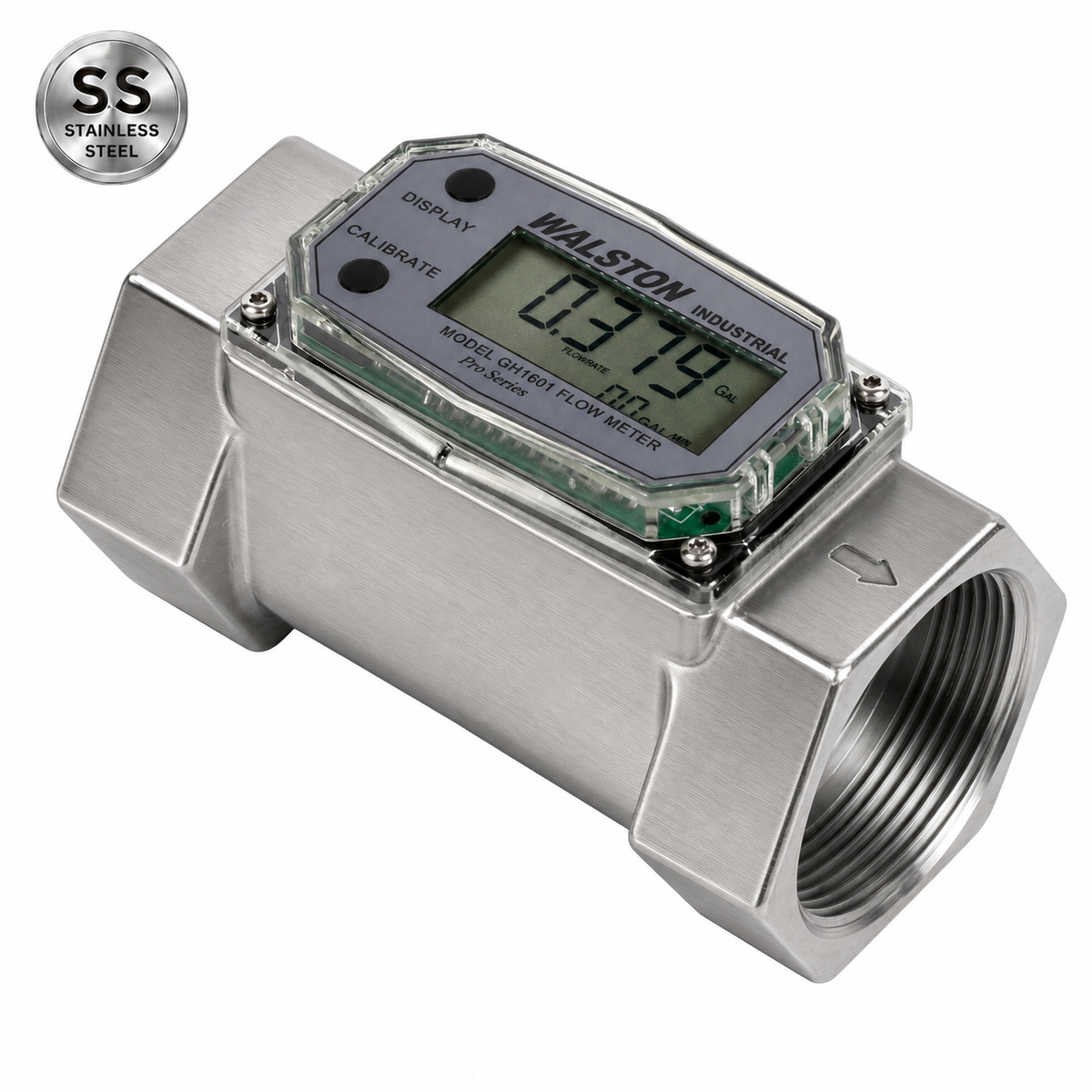 Stainless Steel GH1601 Digital Flow Meter, 2 Inch NPT Threads, Inline Flowmeter for Fluid Measurement, Stainless Steel